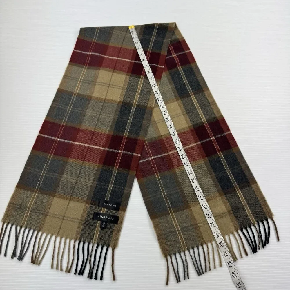 Linea Uomo Men’s Plaid Scarf Brown Tan Red Fringe Classic 100% Acrylic
